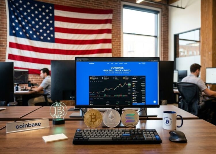 Logo Coinbase junto a criptomonedas y de fondo la bandera de EE. UU.