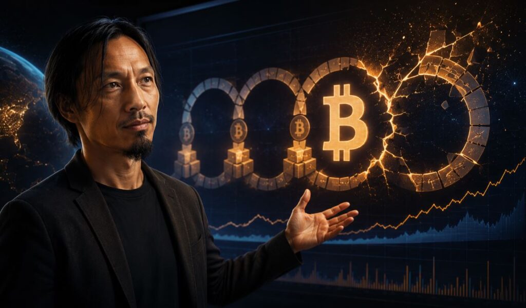 En analista Willy Woo señala el logo de bitcoin.
