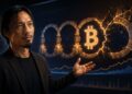En analista Willy Woo señala el logo de bitcoin.