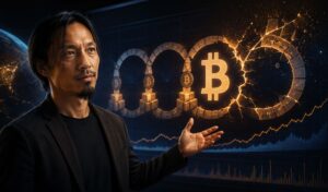 En analista Willy Woo señala el logo de bitcoin.