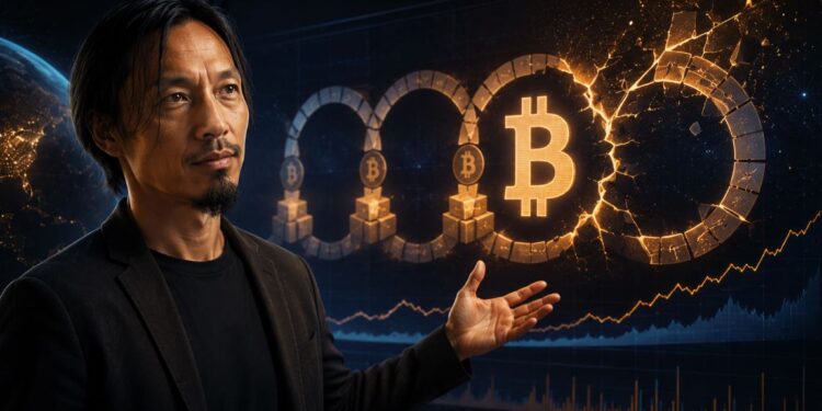 En analista Willy Woo señala el logo de bitcoin.