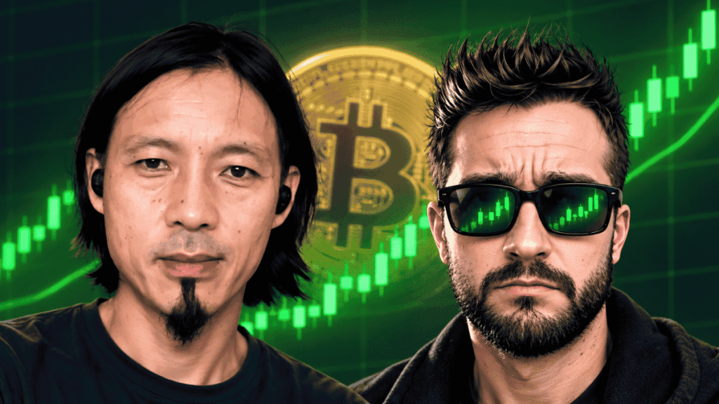 Willy Woo y Darkfost delante de un gráfico verde ascendente y una moneda de bitcoin.