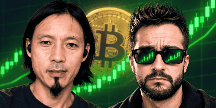 Willy Woo y Darkfost delante de un gráfico verde ascendente y una moneda de bitcoin.