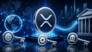 Moneda de XRP junto a tres llaves metálicas, un globo terráqueo y un edificio institucional sobre un fondo digital azul.