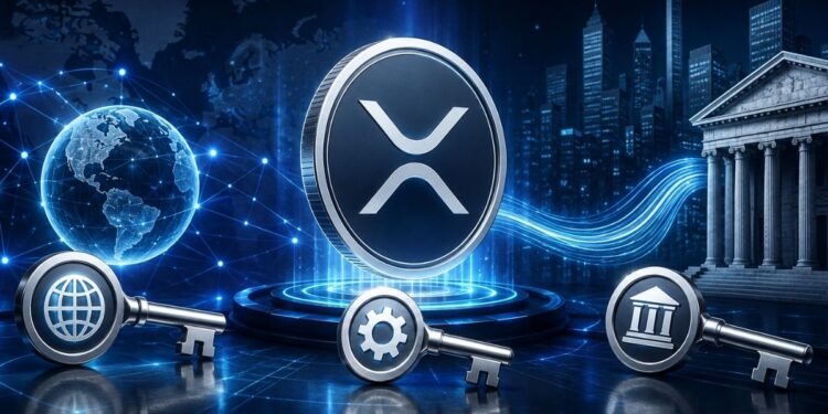 Moneda de XRP junto a tres llaves metálicas, un globo terráqueo y un edificio institucional sobre un fondo digital azul.