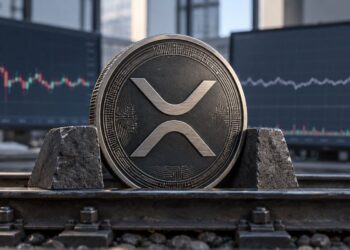Una moneda física de XRP agarrada por dos bloques de pierdra sobre un escritorio.