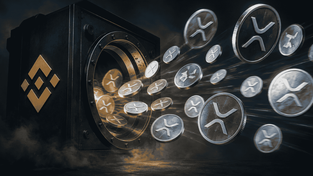 Monedas de XRP saliendo de una bóveda con el logo de Binance.