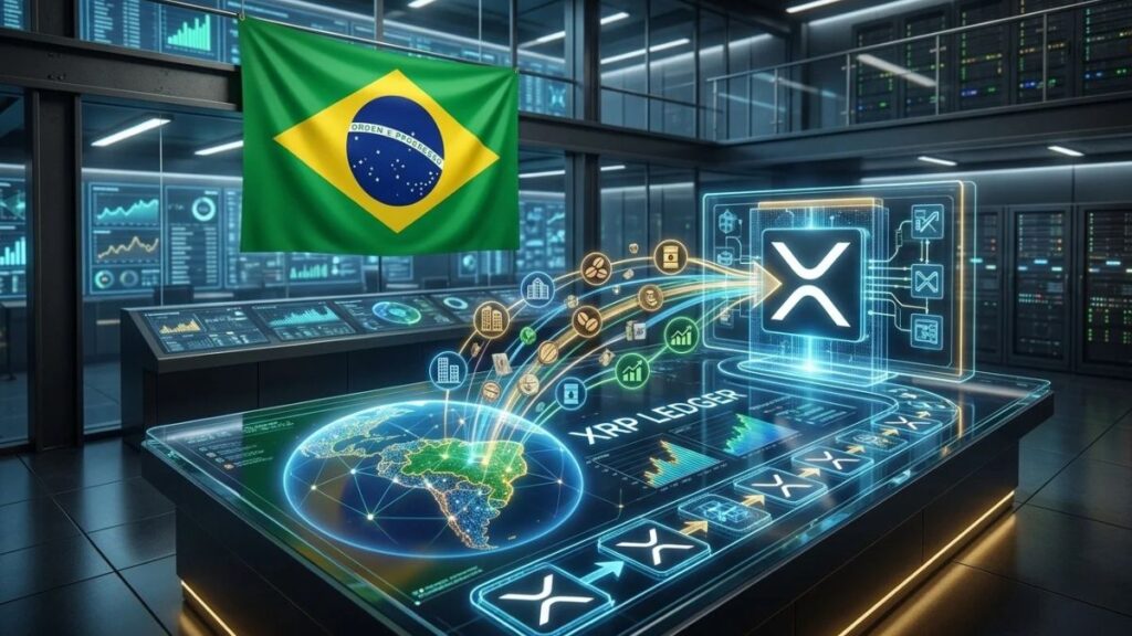 Servidores de datos con una bandera de Brasil e interfaces holográficas mostrando la tokenización de activos en XRP Ledger.