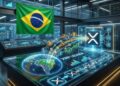 Servidores de datos con una bandera de Brasil e interfaces holográficas mostrando la tokenización de activos en XRP Ledger.