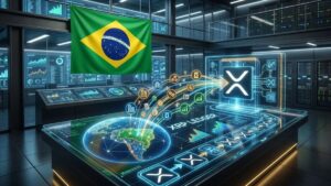 Servidores de datos con una bandera de Brasil e interfaces holográficas mostrando la tokenización de activos en XRP Ledger.