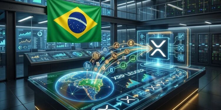 Servidores de datos con una bandera de Brasil e interfaces holográficas mostrando la tokenización de activos en XRP Ledger.