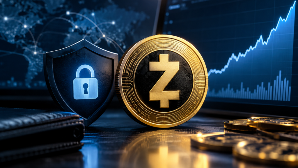 Moneda física de Zcash y escudo de seguridad cibernética sobre fondo de gráficos financieros.
