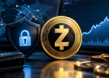 Moneda física de Zcash y escudo de seguridad cibernética sobre fondo de gráficos financieros.