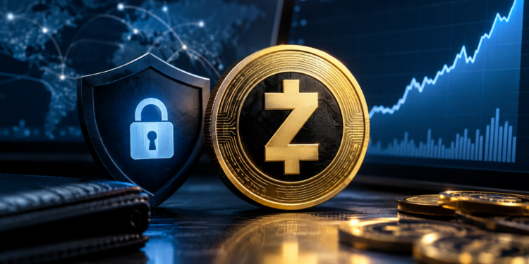Moneda física de Zcash y escudo de seguridad cibernética sobre fondo de gráficos financieros.