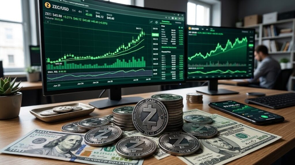 Monedas de Zcash con dólares alrededor y gráficas de mercado en verde en el fondo.