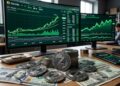 Monedas de Zcash con dólares alrededor y gráficas de mercado en verde en el fondo.