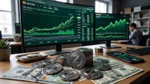 Monedas de Zcash con dólares alrededor y gráficas de mercado en verde en el fondo.