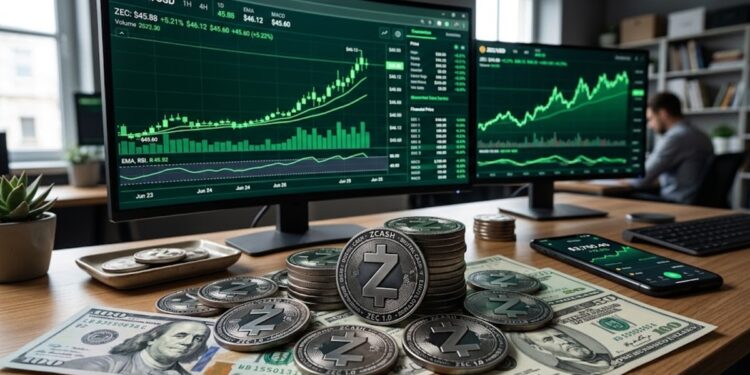 Monedas de Zcash con dólares alrededor y gráficas de mercado en verde en el fondo.