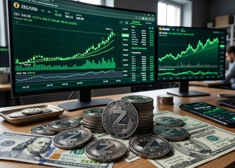 Monedas de Zcash con dólares alrededor y gráficas de mercado en verde en el fondo.