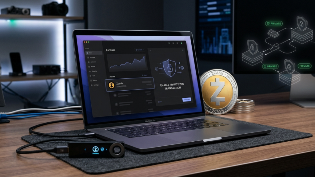 Un ordenador portátil mostrando la aplicación Ledger Live con Zcash y un hardware wallet Ledger conectado sobre un escritorio.