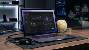 Un ordenador portátil mostrando la aplicación Ledger Live con Zcash y un hardware wallet Ledger conectado sobre un escritorio.