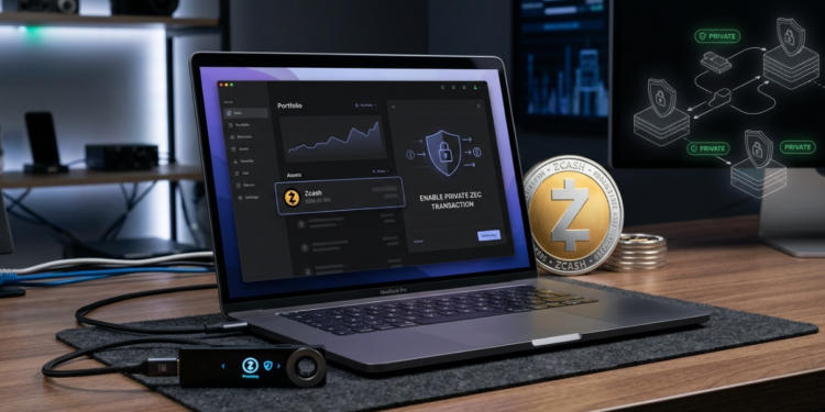 Un ordenador portátil mostrando la aplicación Ledger Live con Zcash y un hardware wallet Ledger conectado sobre un escritorio.