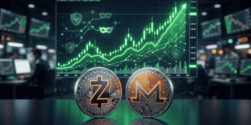 primer plano: monedas de zcash y monero. en el fondo: gráfico genérico verde de precio subiendo.