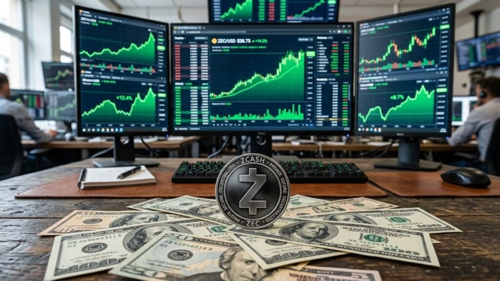Moneda de ZEC con dólares alrededor y gráficas de mercado en verde de fondo.