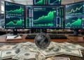 Moneda de ZEC con dólares alrededor y gráficas de mercado en verde de fondo.