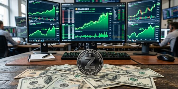 Moneda de ZEC con dólares alrededor y gráficas de mercado en verde de fondo.