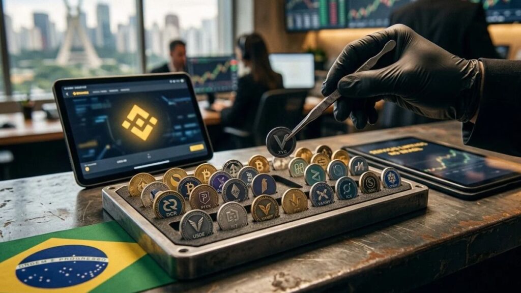 Pinzas metálicas retirando una moneda de una bandeja organizadora con 22 criptomonedas, junto a una tableta con la interfaz de Binance y la bandera de Brasil sobre la mesa.