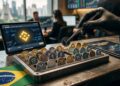 Pinzas metálicas retirando una moneda de una bandeja organizadora con 22 criptomonedas, junto a una tableta con la interfaz de Binance y la bandera de Brasil sobre la mesa.
