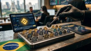 Pinzas metálicas retirando una moneda de una bandeja organizadora con 22 criptomonedas, junto a una tableta con la interfaz de Binance y la bandera de Brasil sobre la mesa.