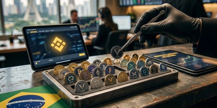 Pinzas metálicas retirando una moneda de una bandeja organizadora con 22 criptomonedas, junto a una tableta con la interfaz de Binance y la bandera de Brasil sobre la mesa.