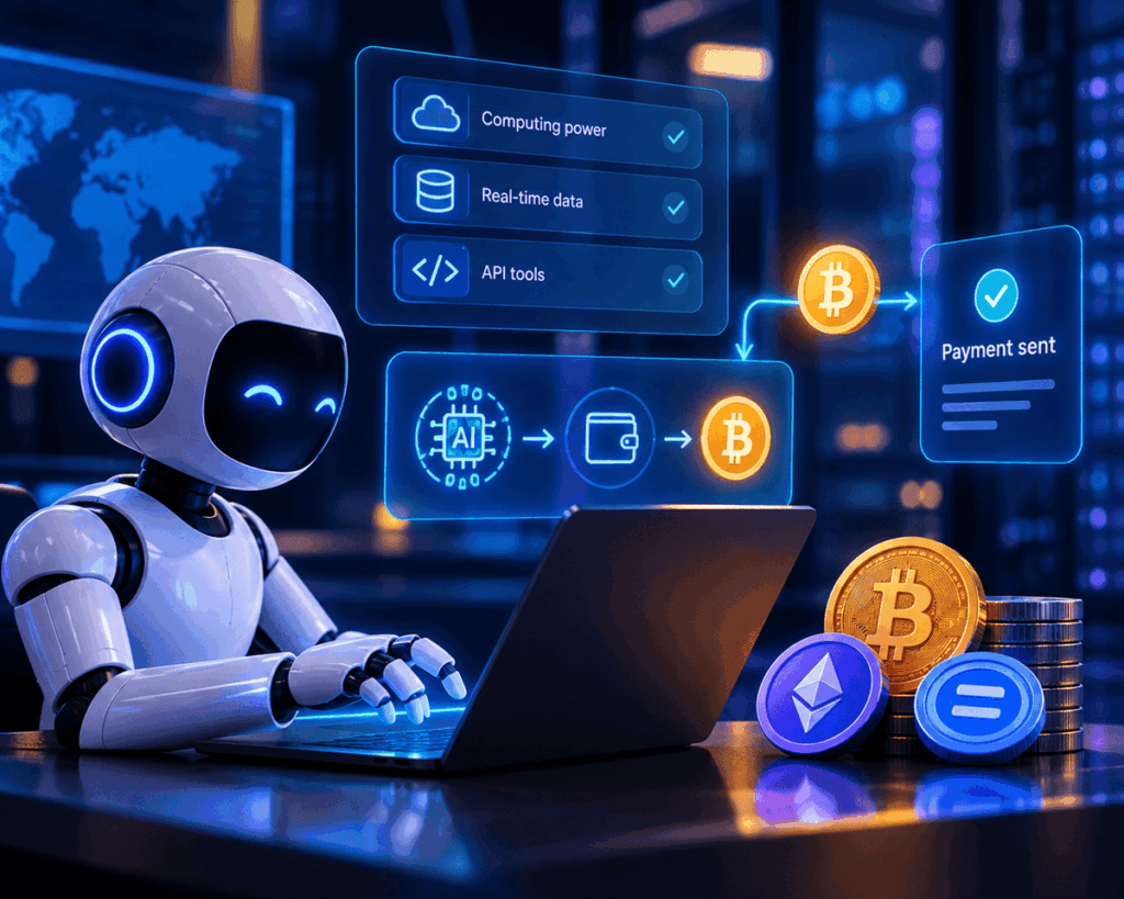 Robot escribiendo en una computadora con monedas de bitcoin y stablecoin