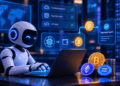 Robot escribiendo en una computadora con monedas de bitcoin y stablecoin