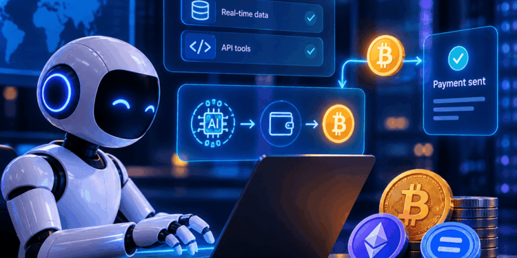 Robot escribiendo en una computadora con monedas de bitcoin y stablecoin