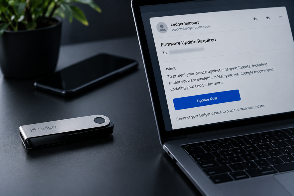 Computadora con un correo estafa o phishing y una hardware wallet de Ledger