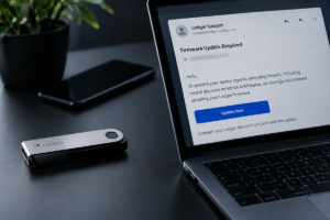 Computadora con un correo estafa o phishing y una hardware wallet de Ledger