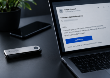 Computadora con un correo estafa o phishing y una hardware wallet de Ledger