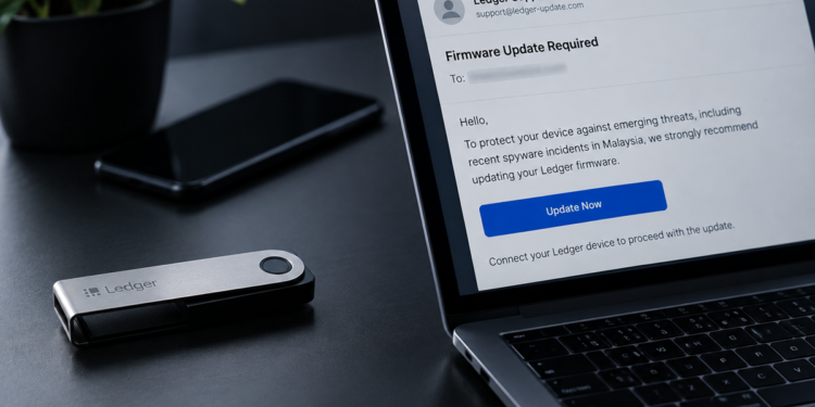 Computadora con un correo estafa o phishing y una hardware wallet de Ledger