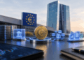 Moneda de euro y red blockchain frente a una sede financiera europea.