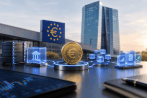Moneda de euro y red blockchain frente a una sede financiera europea.