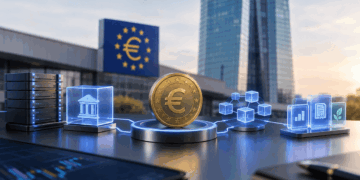 Moneda de euro y red blockchain frente a una sede financiera europea.