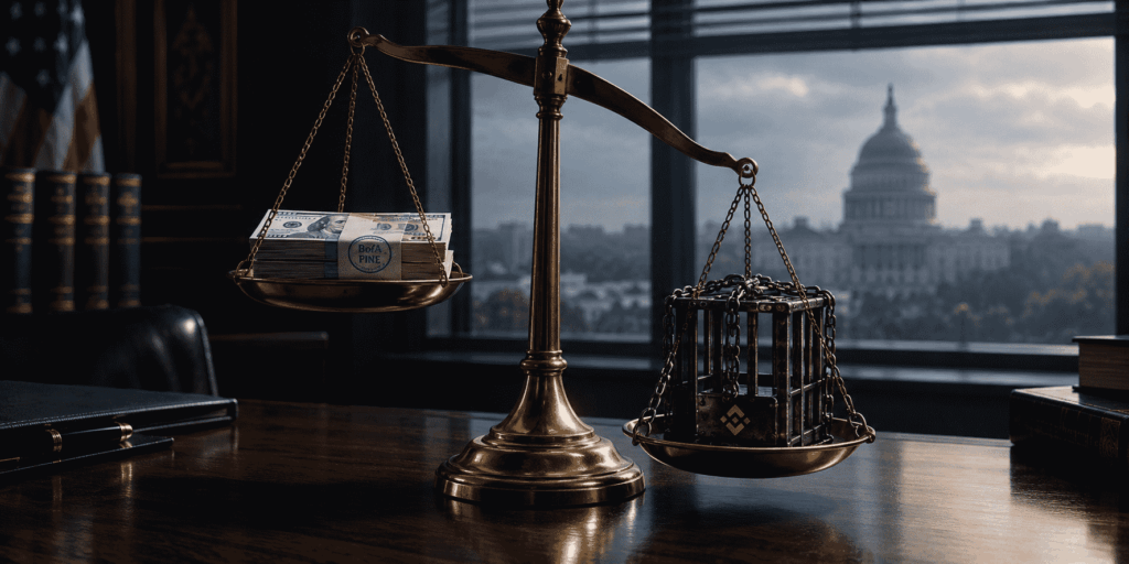 Ilustración conceptual de una balanza de la justicia en una oficina: el plato derecho está hundido por una celda con el logo de Binance, mientras el plato izquierdo sostiene billetes marcados como multa a Bank of America.