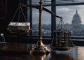 Ilustración conceptual de una balanza de la justicia en una oficina: el plato derecho está hundido por una celda con el logo de Binance, mientras el plato izquierdo sostiene billetes marcados como multa a Bank of America.