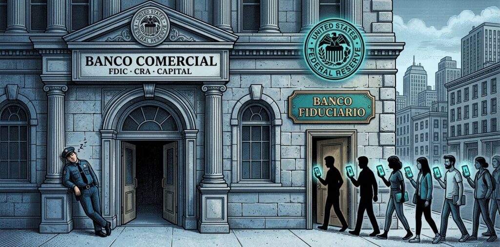 Ilustración editorial: un edificio bancario neoclásico con entrada principal que muestra las palabras FDIC, CRA y Capital, y una puerta lateral estrecha con placa dorada "Banco Fiduciario". Varias figuras con teléfonos que muestran símbolos de criptomonedas entran por la puerta lateral sin ser detenidas. Un sello federal flotante sobre ambas puertas, pero solo la principal tiene las obligaciones bancarias.