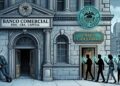 Ilustración editorial: un edificio bancario neoclásico con entrada principal que muestra las palabras FDIC, CRA y Capital, y una puerta lateral estrecha con placa dorada "Banco Fiduciario". Varias figuras con teléfonos que muestran símbolos de criptomonedas entran por la puerta lateral sin ser detenidas. Un sello federal flotante sobre ambas puertas, pero solo la principal tiene las obligaciones bancarias.