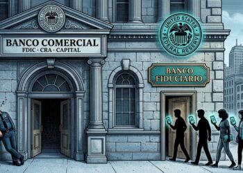 Ilustración editorial: un edificio bancario neoclásico con entrada principal que muestra las palabras FDIC, CRA y Capital, y una puerta lateral estrecha con placa dorada "Banco Fiduciario". Varias figuras con teléfonos que muestran símbolos de criptomonedas entran por la puerta lateral sin ser detenidas. Un sello federal flotante sobre ambas puertas, pero solo la principal tiene las obligaciones bancarias.