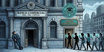 Ilustración editorial: un edificio bancario neoclásico con entrada principal que muestra las palabras FDIC, CRA y Capital, y una puerta lateral estrecha con placa dorada "Banco Fiduciario". Varias figuras con teléfonos que muestran símbolos de criptomonedas entran por la puerta lateral sin ser detenidas. Un sello federal flotante sobre ambas puertas, pero solo la principal tiene las obligaciones bancarias.
